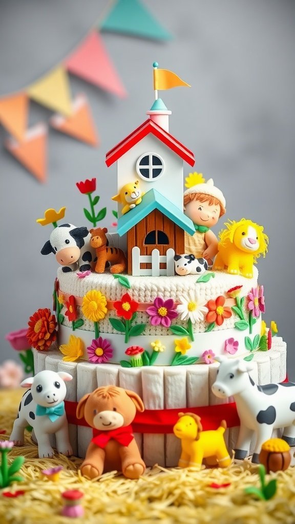 35 Adorable Diaper Cake Ideas for Baby Boys A colorful Farmyard Fun Diaper Cake with a farmhouse, flowers, and animal figures.