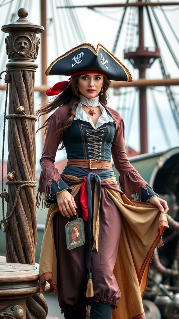 25 Must-Have Accessories for the Ultimate Pirate Costume A woman wearing a pirate costume with a hat, a lace-up blouse, and a flowing skirt, standing near a ship.