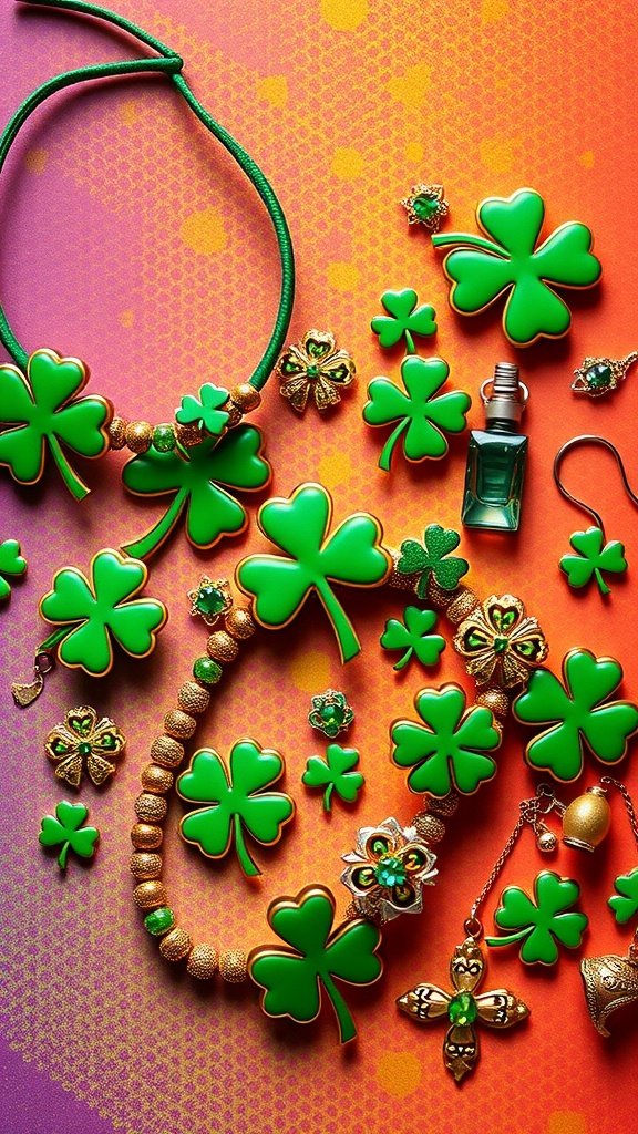 25 Creative St. Patrick's Day Costume Ideas for Everyone A collection of green shamrock-themed jewelry and accessories for St. Patrick's Day.