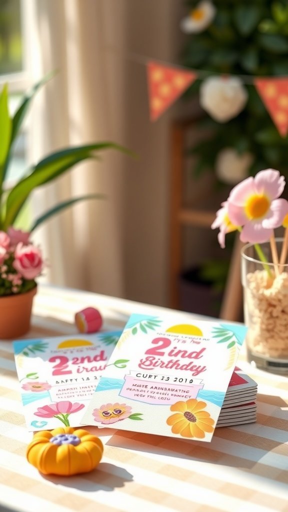 25 Fun Ideas for a 2nd Birthday Summer Party for Girls Colorful summer-themed birthday invitations with floral designs for a girl's 2nd birthday.