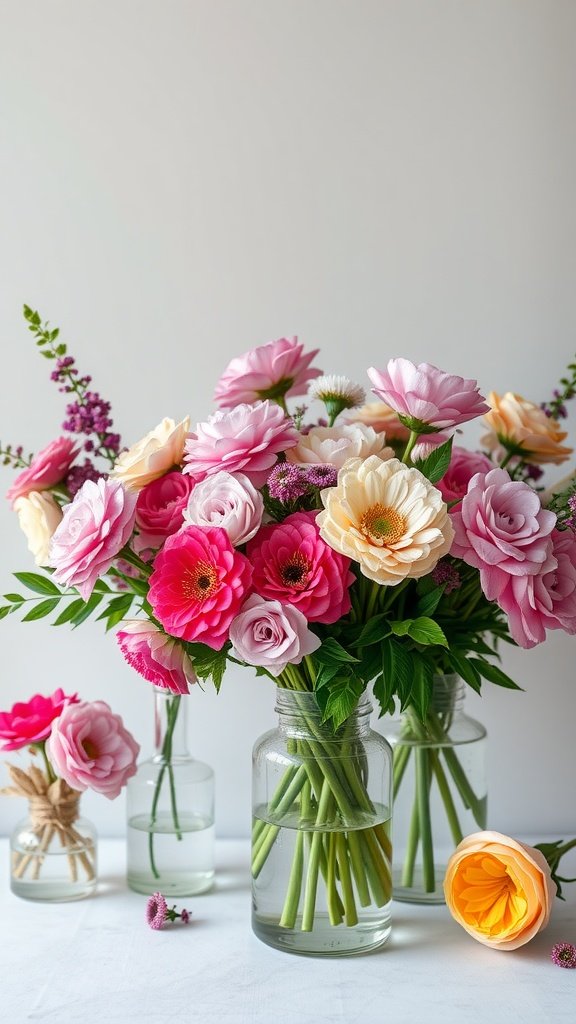 35 Creative Bridal Shower Ideas for an Unforgettable Celebration A beautiful display of colorful flowers in glass vases for a floral arrangement workshop.