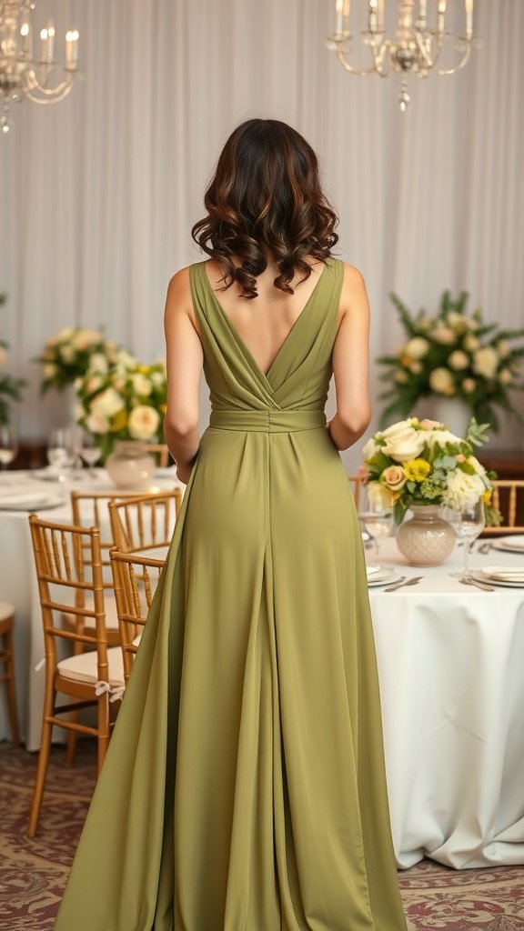 35 Stunning Olive Green Dress Outfits for Weddings An elegant olive green wedding dress complemented by floral arrangements.