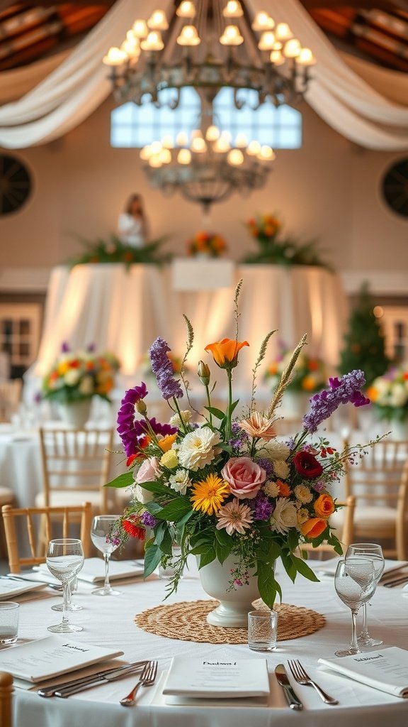 35 Stunning Wildflower Wedding Theme Ideas for Your Dream Celebration A beautiful floral centerpiece featuring bright flowers like orange, pink, and purple in a vase on a reception table