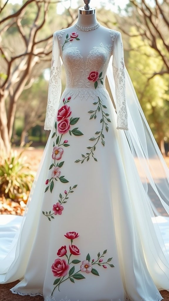35 Breathtaking Romantic Wedding Dresses for Your Dream Day A romantic wedding dress featuring floral embroidery with roses and leaves.