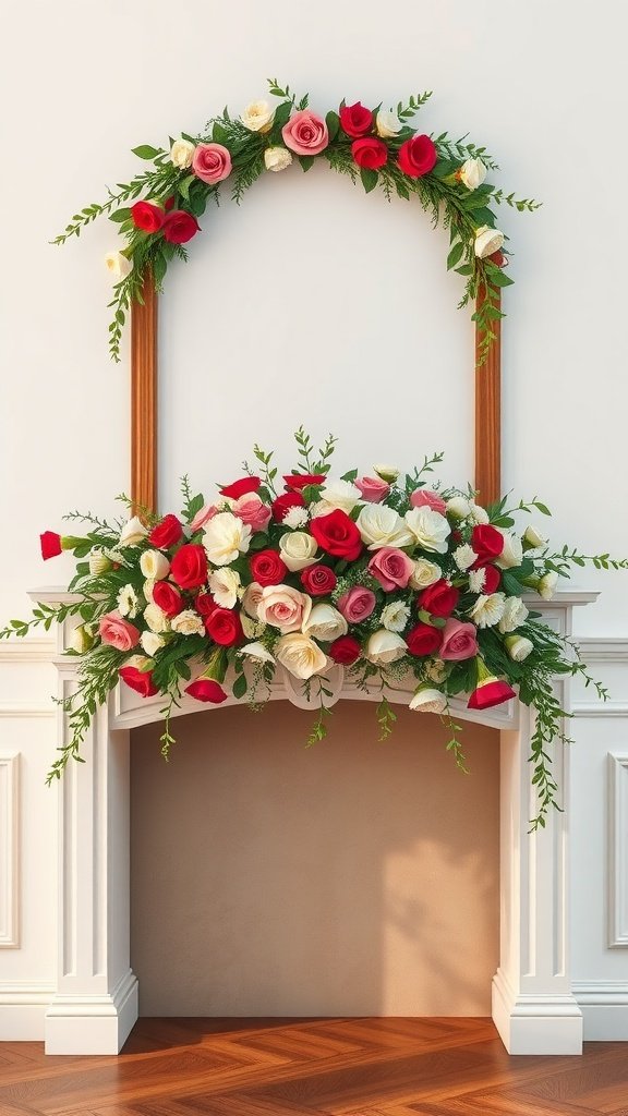 35 Creative Bridal Shower Decoration Ideas You'll Love Colorful floral garland decoration featuring roses and greenery over a fireplace