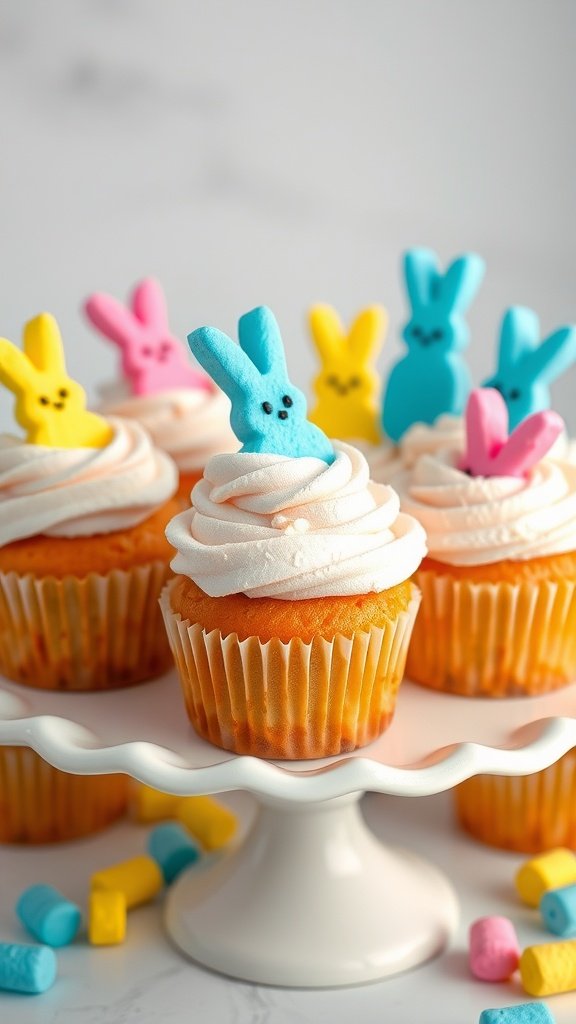 25 Creative and Colorful Easter Cupcakes to Try This Spring Colorful marshmallow cupcakes topped with Peeps for Easter.
