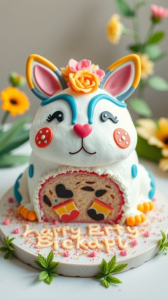 35 Creative Ideas for an Unforgettable 2nd Birthday Party A cute bunny themed birthday cake decorated with colorful flowers and a surprise inside.