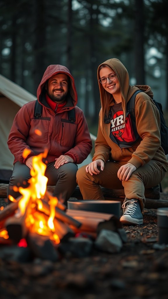 35 Best Couples Costumes for Your Next Halloween Party A couple sitting by a campfire in the woods, both wearing warm jackets and hoodies, enjoying the cozy atmosphere.