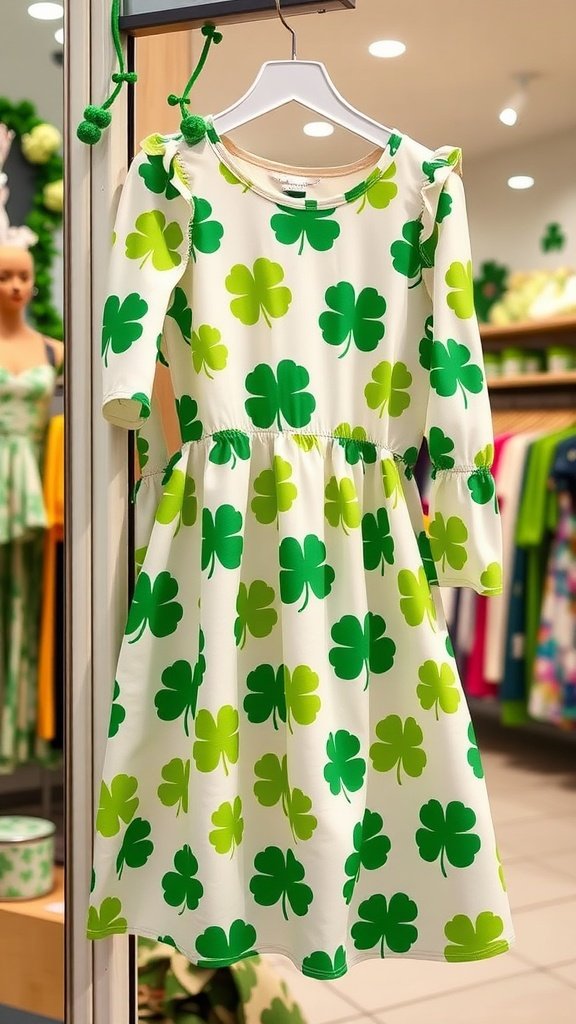 25 Creative St. Patrick's Day Costume Ideas for Everyone A white dress with green shamrock patterns hanging on a display.