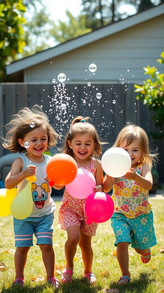 25 Fun Ideas for a 2nd Birthday Summer Party for Girls Three girls joyfully playing with colorful water balloons in summer, bubbles floating around
