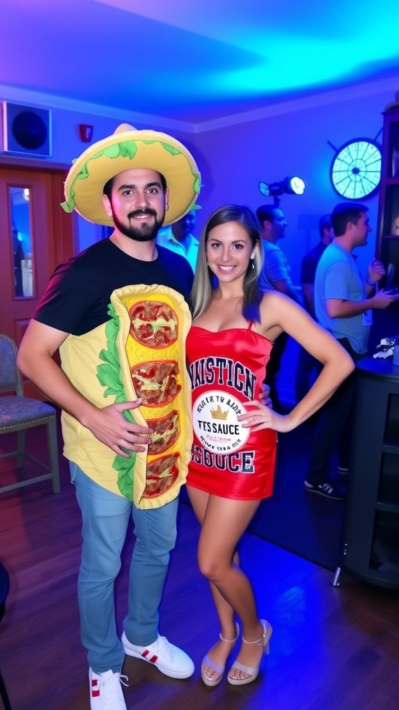 35 Best Couples Costumes for Your Next Halloween Party A couple dressed as a taco and hot sauce, showcasing funny food pairings in costumes.