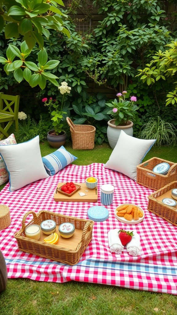 25 Fun Ideas for a 2nd Birthday Summer Party for Girls A garden picnic setup with a red and white gingham blanket, cushions, and baskets filled with snacks and desserts for a 2nd birthday summer party.