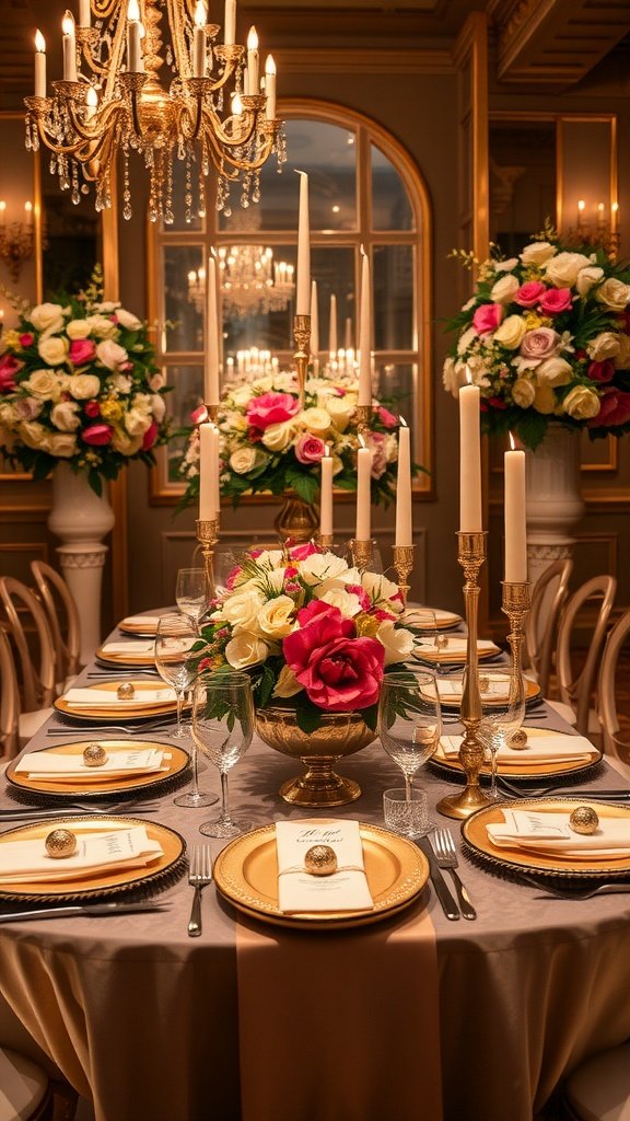 35 Stunning Romantic Wedding Table Settings for Your Special Day Romantic wedding table setting with gold accents, elegant flowers, and candles