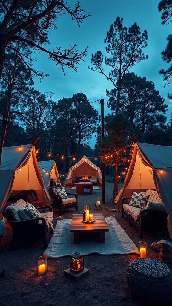 35 Creative Bridal Shower Ideas for an Unforgettable Celebration A cozy glamping setup for a bridal shower with lit tents and comfortable seating.