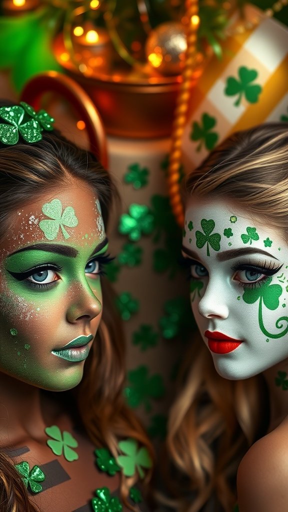 25 Creative St. Patrick's Day Costume Ideas for Everyone Two individuals with glittery green face paint, showcasing festive designs for St. Patrick's Day.