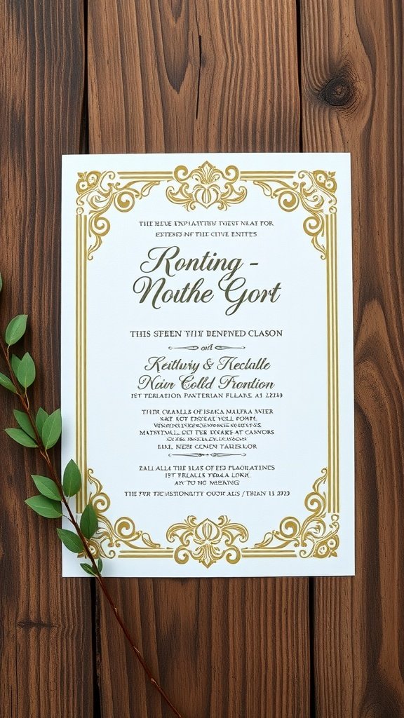 35 Stunning Ideas for a Sage Green and Gold Wedding Theme A wedding invitation featuring gold accents on a wooden background.