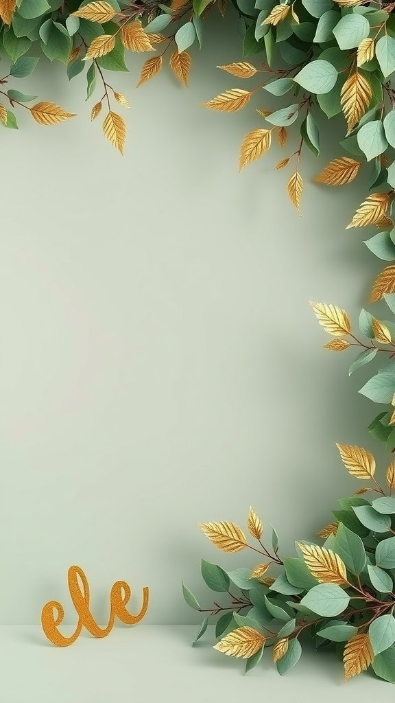 35 Stunning Ideas for a Sage Green and Gold Wedding Theme Arrangement of sage green and gold leaves with a golden script 'ele' on a soft green background.