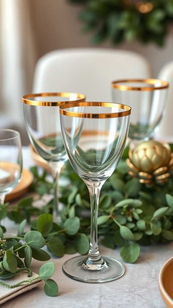35 Stunning Ideas for a Sage Green and Gold Wedding Theme A collection of gold rimmed glassware on a table with greenery and gold accents.