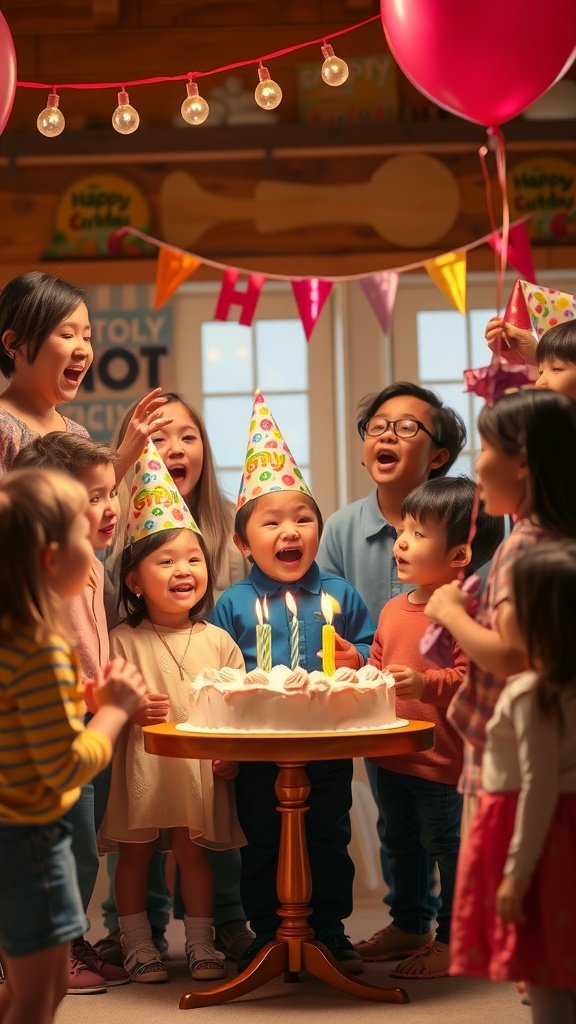 35 Creative Ideas for an Unforgettable 2nd Birthday Party A group of children singing around a birthday cake with candles, celebrating a joyful moment.