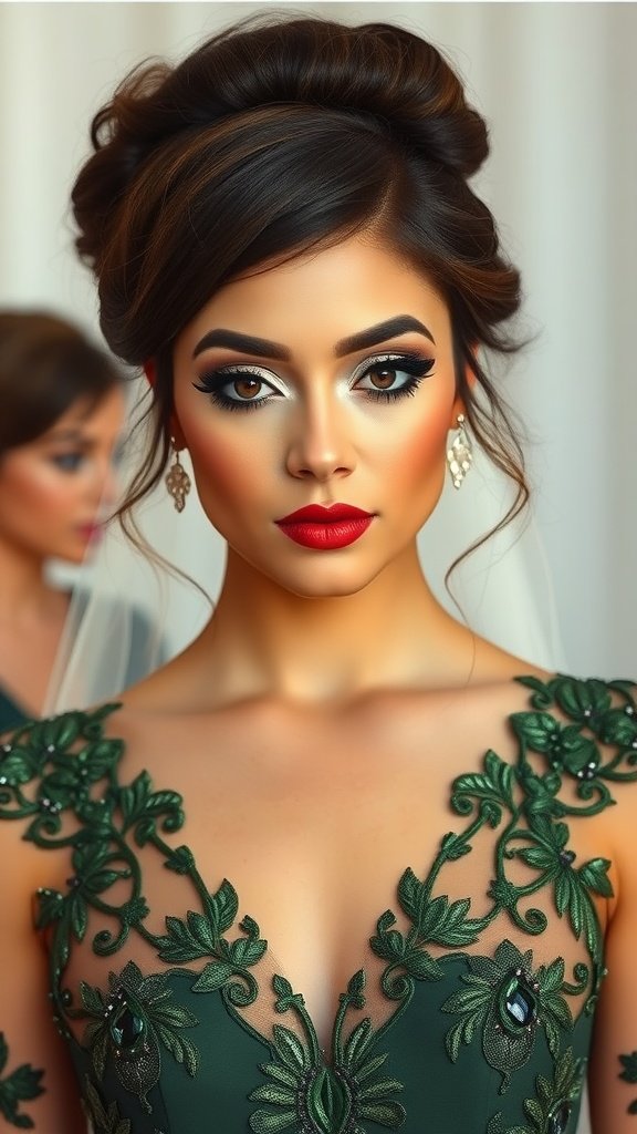 35 Stunning Olive Green Dress Outfits for Weddings Woman wearing an olive green dress with bold makeup, featuring dark eyes and red lips