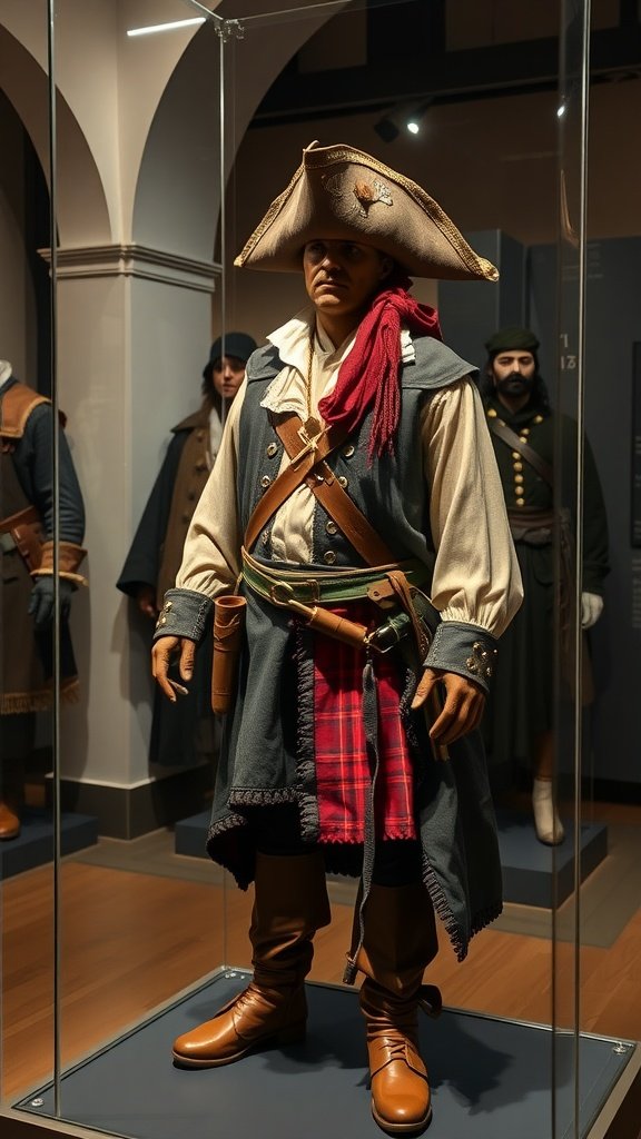 25 Must-Have Accessories for the Ultimate Pirate Costume A display of a historic pirate costume with a tricorn hat, plaid wrap, and boots.