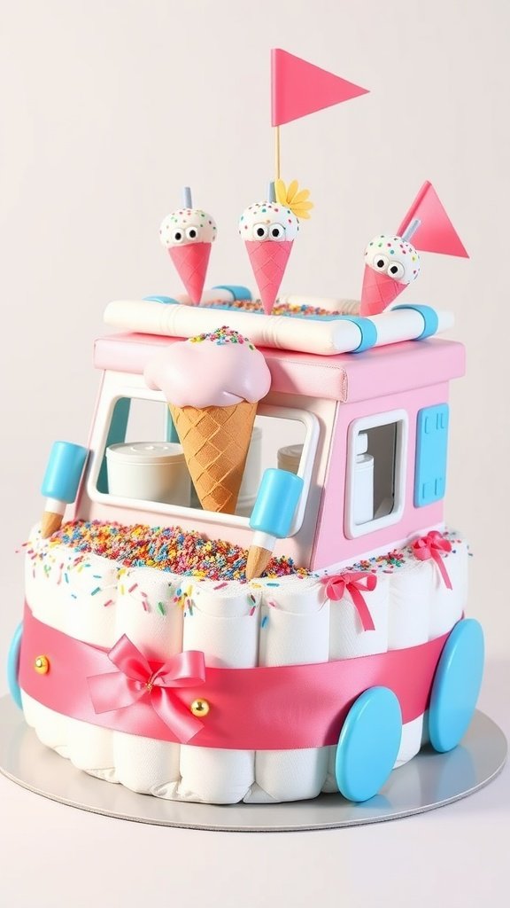 35 Adorable Diaper Cake Ideas for Baby Boys A creative diaper cake designed to look like an ice cream truck, featuring colorful sprinkles and ice cream cones.