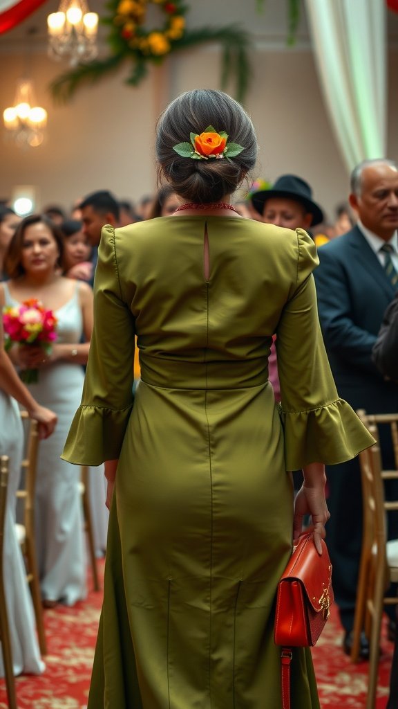 35 Stunning Olive Green Dress Outfits for Weddings A woman wearing an olive green dress at a wedding with an orange rose in her hair and a red handbag.