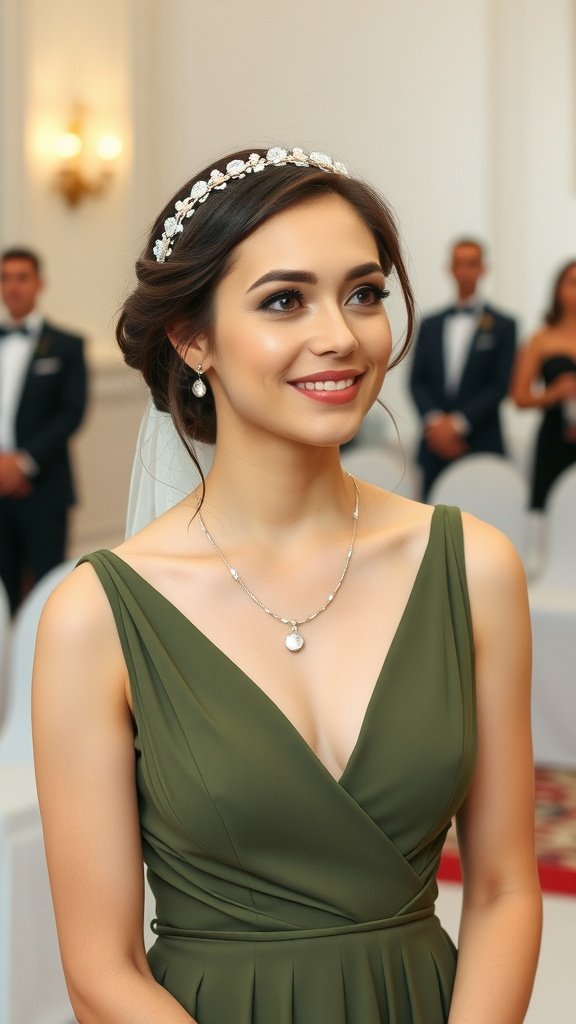 35 Stunning Olive Green Dress Outfits for Weddings A woman wearing an olive green dress and a stylish headpiece at a wedding.