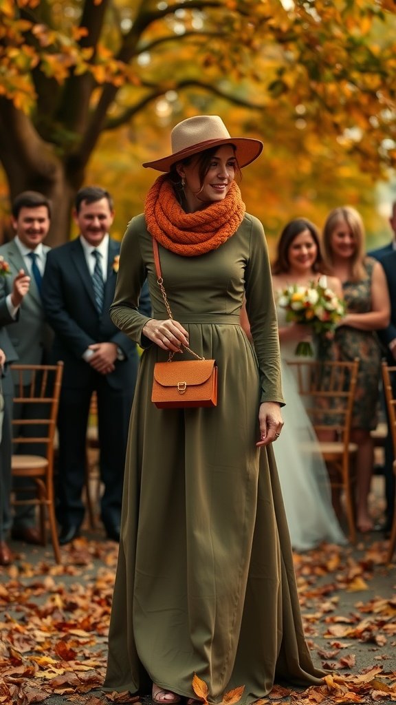 35 Stunning Olive Green Dress Outfits for Weddings A woman in an olive green dress with an orange scarf and hat stands among wedding guests in autumn.