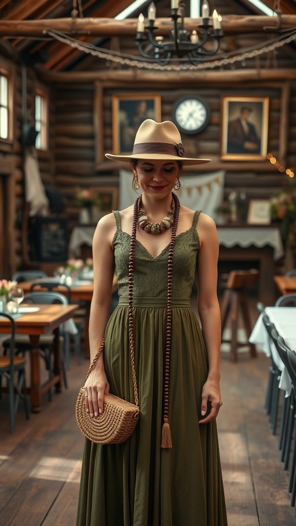 35 Stunning Olive Green Dress Outfits for Weddings A woman wearing an olive green dress with vintage elements, including a wide-brimmed hat and a woven handbag, standing in a rustic setting.