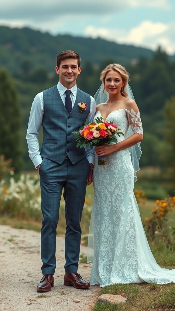 35 Stunning Wildflower Wedding Theme Ideas for Your Dream Celebration A couple dressed elegantly for a wildflower wedding surrounded by nature