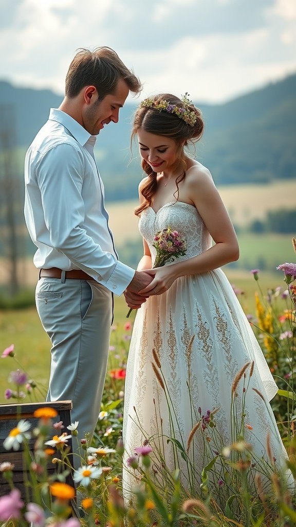 35 Stunning Wildflower Wedding Theme Ideas for Your Dream Celebration A couple holding hands in a field of wildflowers, creating a romantic atmosphere for their wedding ceremony.