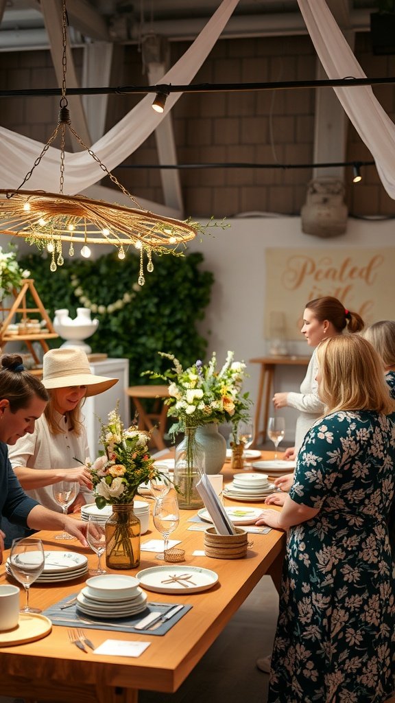 35 Creative Bridal Shower Ideas for an Unforgettable Celebration A cozy table set up for a DIY craft party with friends gathered around it, floral arrangements, and crafting materials.