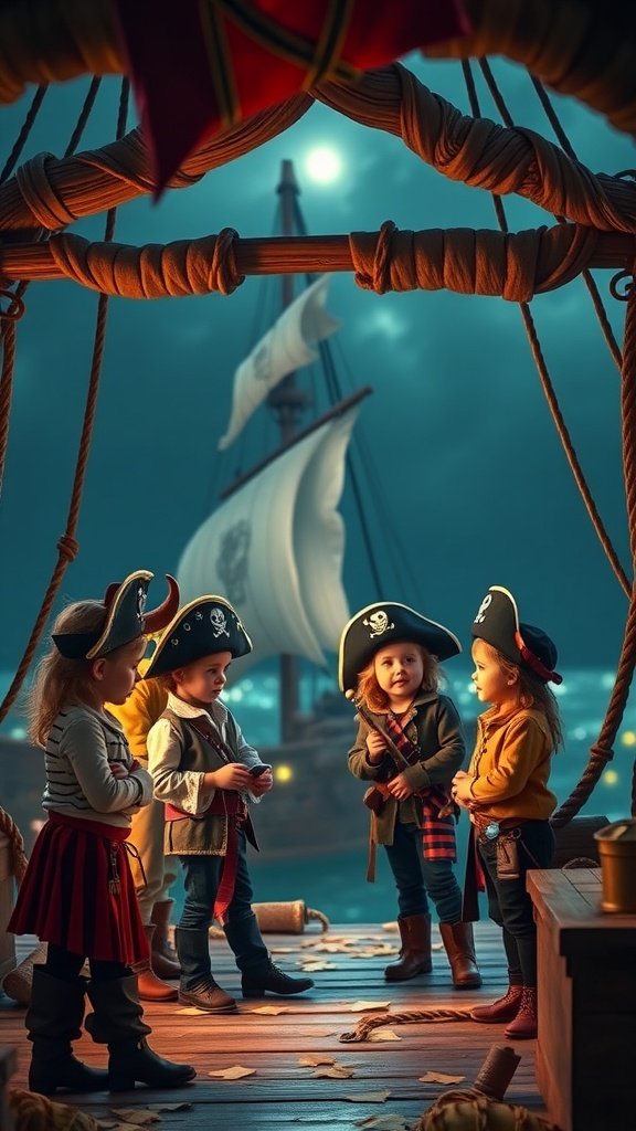 25 Must-Have Accessories for the Ultimate Pirate Costume Children dressed in pirate costumes on a ship deck