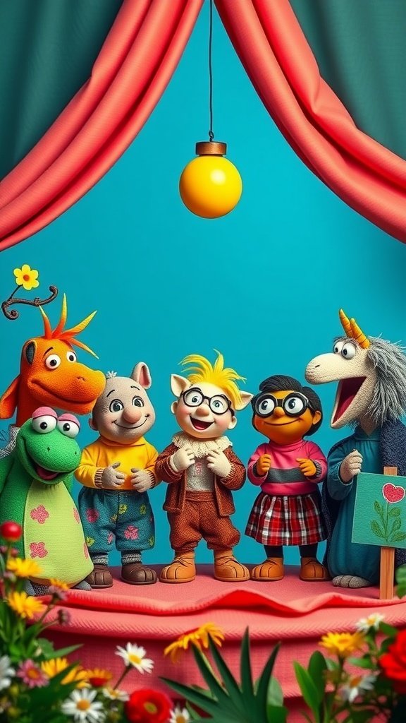 35 Creative Ideas for an Unforgettable 2nd Birthday Party A colorful puppet show stage featuring cheerful puppets, perfect for a children's birthday party.