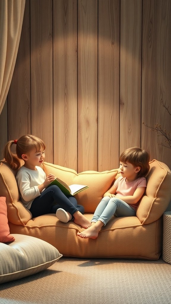 35 Creative Ideas for an Unforgettable 2nd Birthday Party Two children engaged in a joyful reading session in a cozy corner, surrounded by soft cushions and a warm atmosphere.