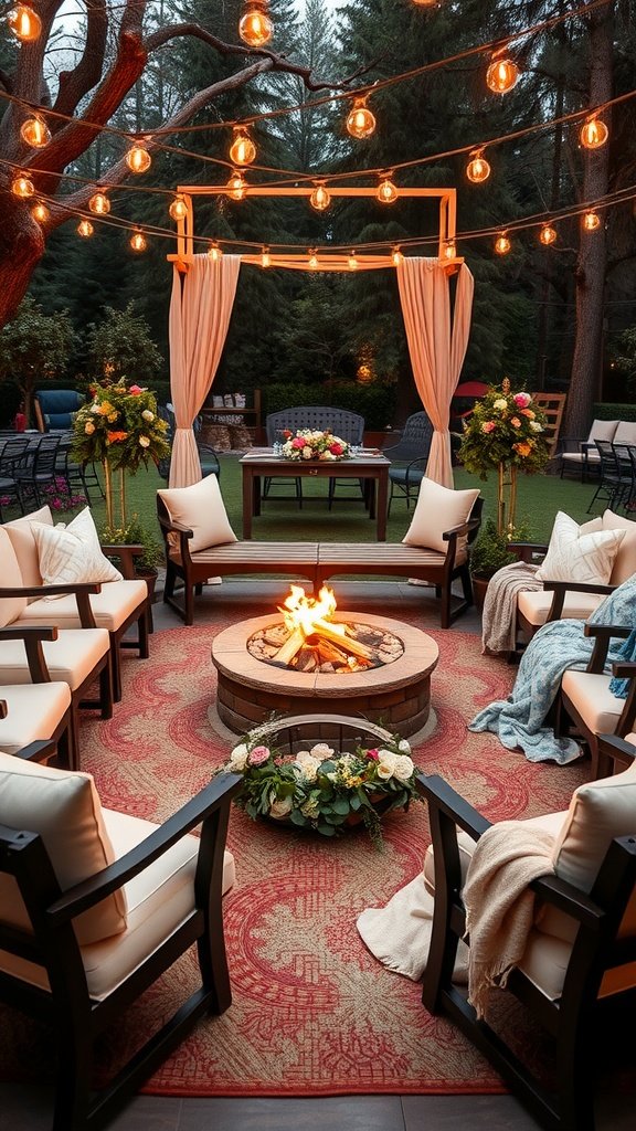 35 Stunning Romantic Wedding Decor Ideas to Inspire Your Big Day Cozy fire pit seating arrangement with soft lights and floral decorations, ideal for a romantic wedding.