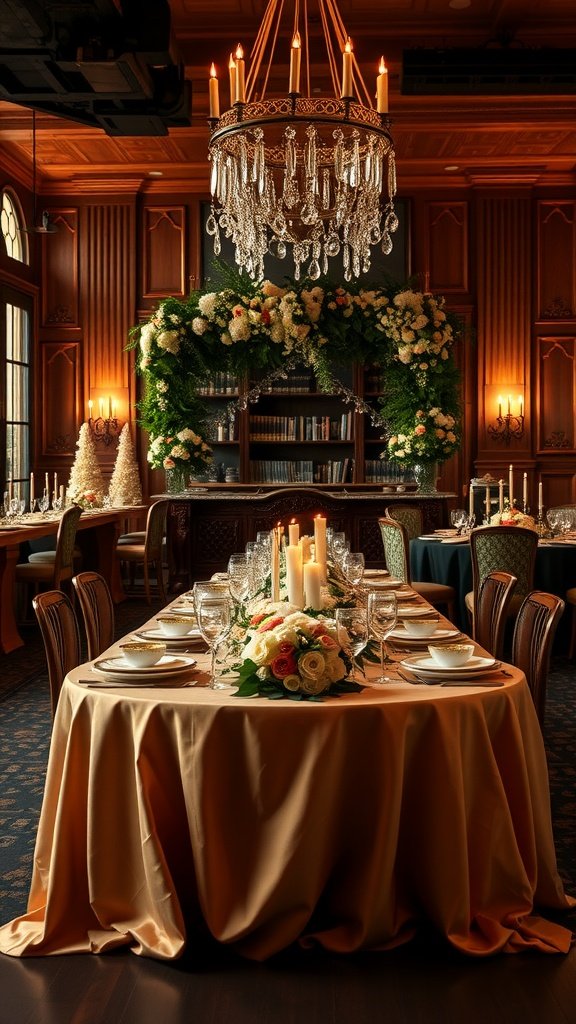 35 Stunning Romantic Wedding Table Settings for Your Special Day An intimate indoor wedding table setting with golden tablecloth, candles, flowers, and a chandelier.