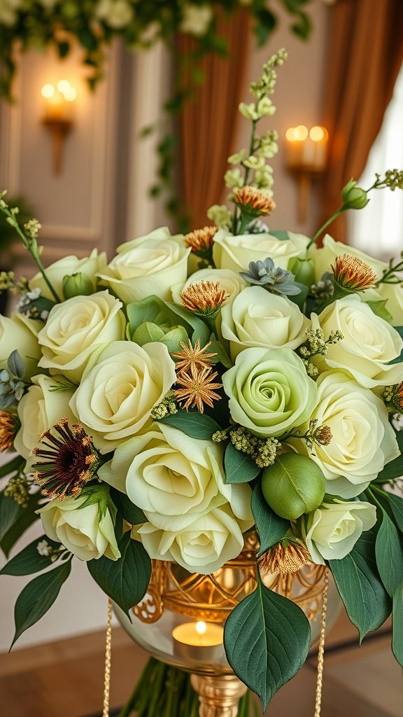 35 Stunning Ideas for a Sage Green and Gold Wedding Theme A floral arrangement featuring sage green and ivory roses, golden accents, and textured flowers