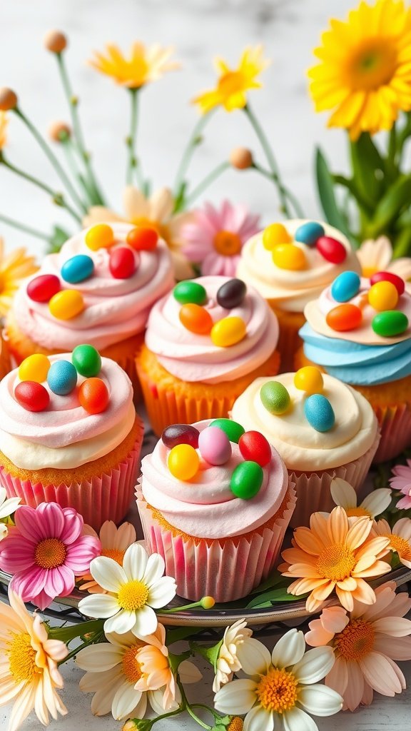25 Creative and Colorful Easter Cupcakes to Try This Spring Colorful jelly bean topped cupcakes arranged with flowers.