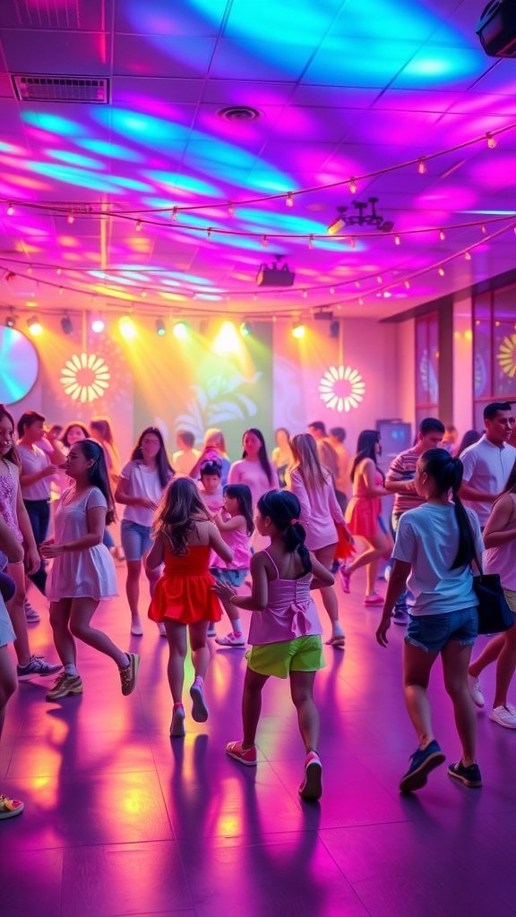 25 Fun Ideas for a 2nd Birthday Summer Party for Girls Children dancing at a lively birthday party with colorful lights and joyful expressions.