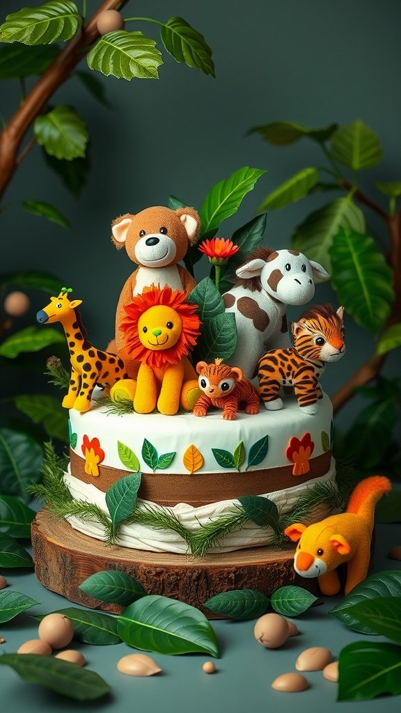 35 Adorable Diaper Cake Ideas for Baby Boys Jungle safari-themed diaper cake with plush animal decorations and colorful leaves.