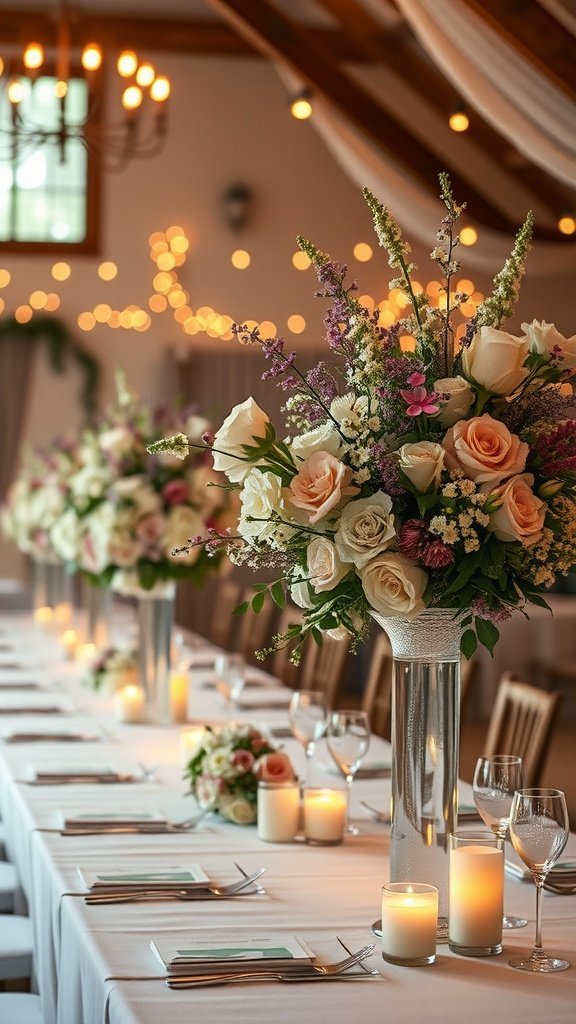 35 Stunning Wildflower Wedding Theme Ideas for Your Dream Celebration A beautifully decorated wedding venue with floral arrangements and warm lighting.