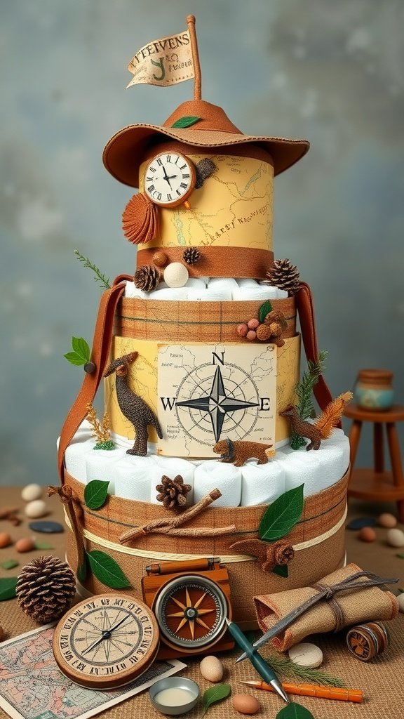 35 Adorable Diaper Cake Ideas for Baby Boys A Little Explorer Diaper Cake decorated with a hat, compass, pine cones, and leaves, crafted from diapers.