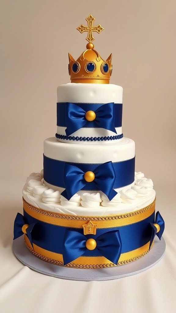 35 Adorable Diaper Cake Ideas for Baby Boys A decorative diaper cake for a baby boy featuring blue and gold accents and a crown on top.