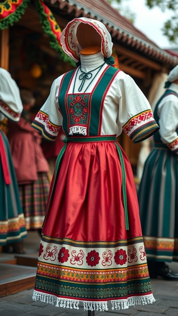 25 Creative St. Patrick's Day Costume Ideas for Everyone Vibrant Irish folk costume featuring a red skirt and decorative top with traditional patterns.