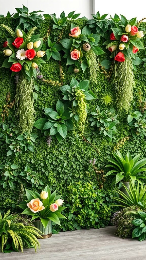 35 Stunning Romantic Wedding Decor Ideas to Inspire Your Big Day A decorated wall with lush greenery and colorful flowers, ideal for romantic wedding decor.