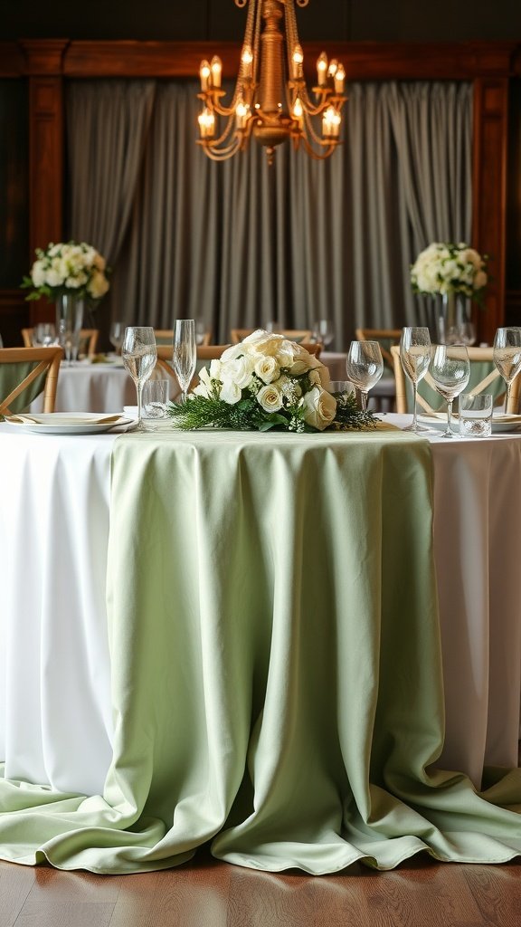35 Stunning Ideas for a Sage Green and Gold Wedding Theme A beautifully set wedding table with a sage green table runner, white roses, and elegant glassware.