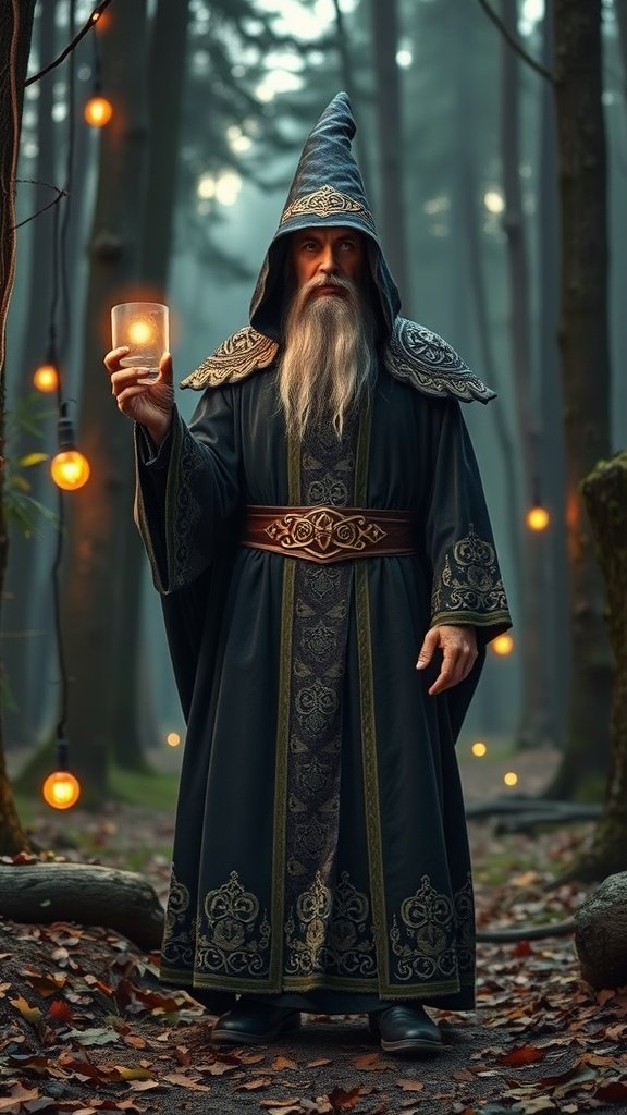 25 Creative St. Patrick's Day Costume Ideas for Everyone A mystical Celtic wizard holding a lantern in a forest setting, dressed in a long robe with intricate patterns.