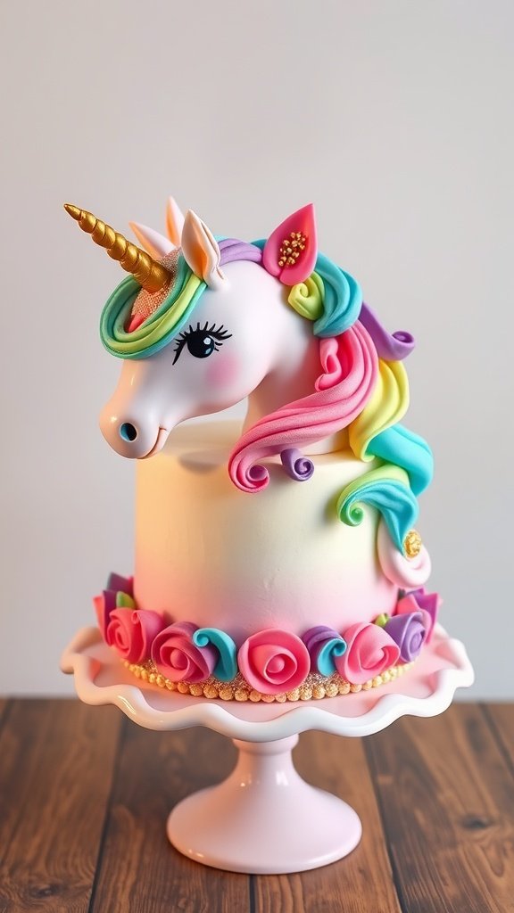 25 Magical Unicorn 2nd Birthday Party Ideas A beautifully designed unicorn cake with a colorful mane and gold horn, perfect for a 2nd birthday party.